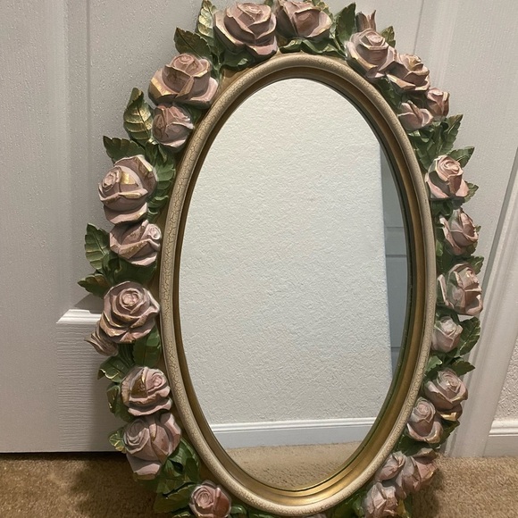 Vintage Home Interiors Shabby Chic Pink Gold Floral Oval Wall Mirror 27”x 20” - Picture 13 of 14